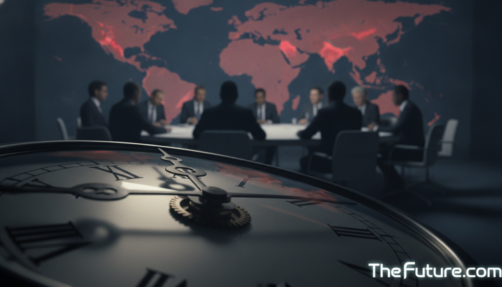 A dramatic scene depicting the Doomsday Clock set against a backdrop of global security issues. In the foreground, a close-up of the Doomsday Clock, its hands nearly striking midnight, symbolizing impending danger. The clock should have a polished metallic surface that reflects ominous shadows. In the middle ground, silhouettes of diverse figures in professional attire discuss in hushed tones, representing global leaders contemplating security strategies. In the background, a world map illuminated by a dim, unsettling light, with red indicators highlighting regions of conflict. The atmosphere should be tense and foreboding, with subtle contrasts and shadows. The image should be shot from a low angle, emphasizing the clock's urgency. Featured at the bottom corner, the brand name "The Future.com".