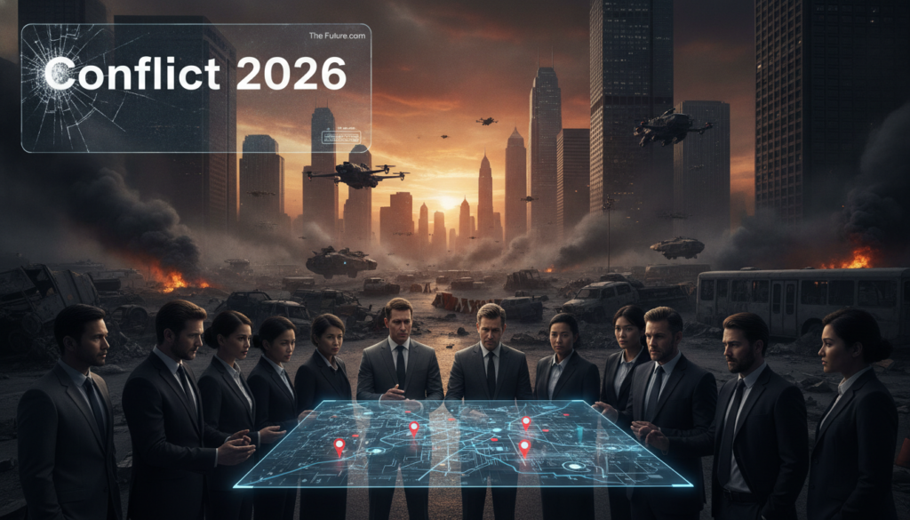 A grim yet hopeful scene of a futuristic city skyline in turmoil, depicting "Conflict 2026". In the foreground, a group of diverse professionals in business attire strategize around a holographic map, their expressions serious and focused. In the middle ground, military drones hover over a cityscape marked by smoke and chaos, with the silhouettes of abandoned vehicles and makeshift barricades showing signs of unrest. The background features a skyline of modern skyscrapers, partially illuminated by the sunset, casting long shadows that create a dramatic contrast. The lighting is moody, with hints of red and orange in the sky, emphasizing tension but also resilience. The atmosphere conveys urgency yet a sense of determination, encapsulating the essence of preparation for a potential conflict. The Future.com