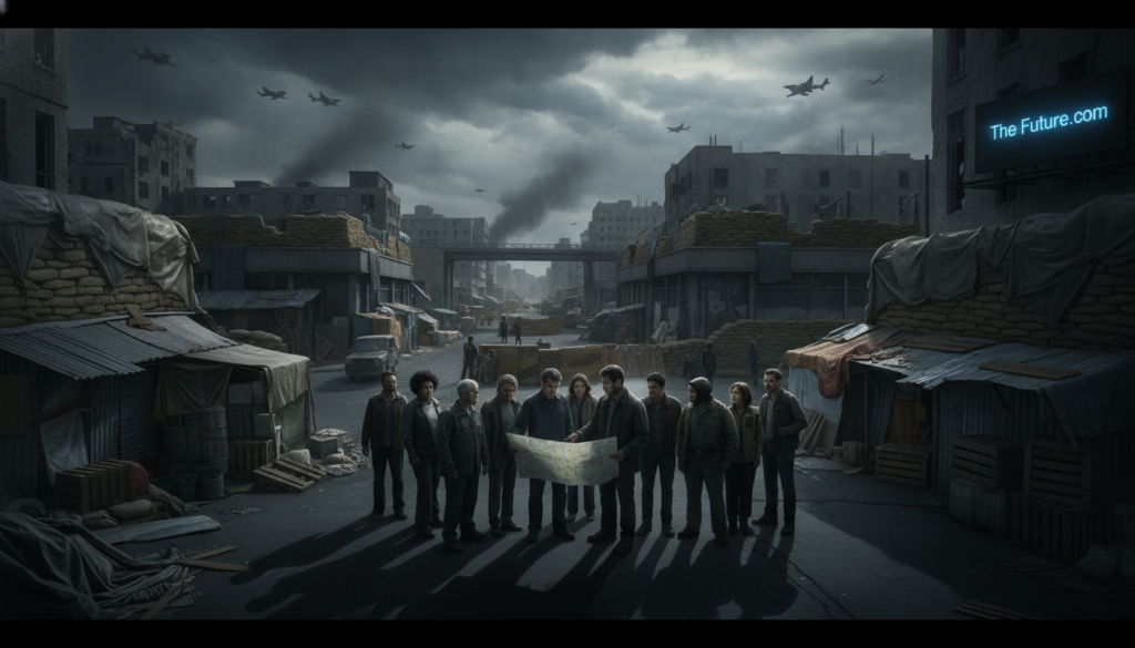 A somber urban scene set during an escalating world war, focusing on civilian safety measures. In the foreground, a diverse group of individuals in modest casual clothing is gathered, discussing emergency plans while studying a map. In the middle, sandbag fortifications and makeshift shelters line the streets, highlighting a sense of urgency and preparation. The background features an ominous sky, with dark clouds and distant silhouettes of military aircraft. The lighting is dramatic, casting shadows that enhance the tense atmosphere. The image should be captured from a slightly elevated angle, giving a panoramic view of the city's chaotic resilience. The overall mood conveys a sense of determination amidst fear and uncertainty. The Future.com.