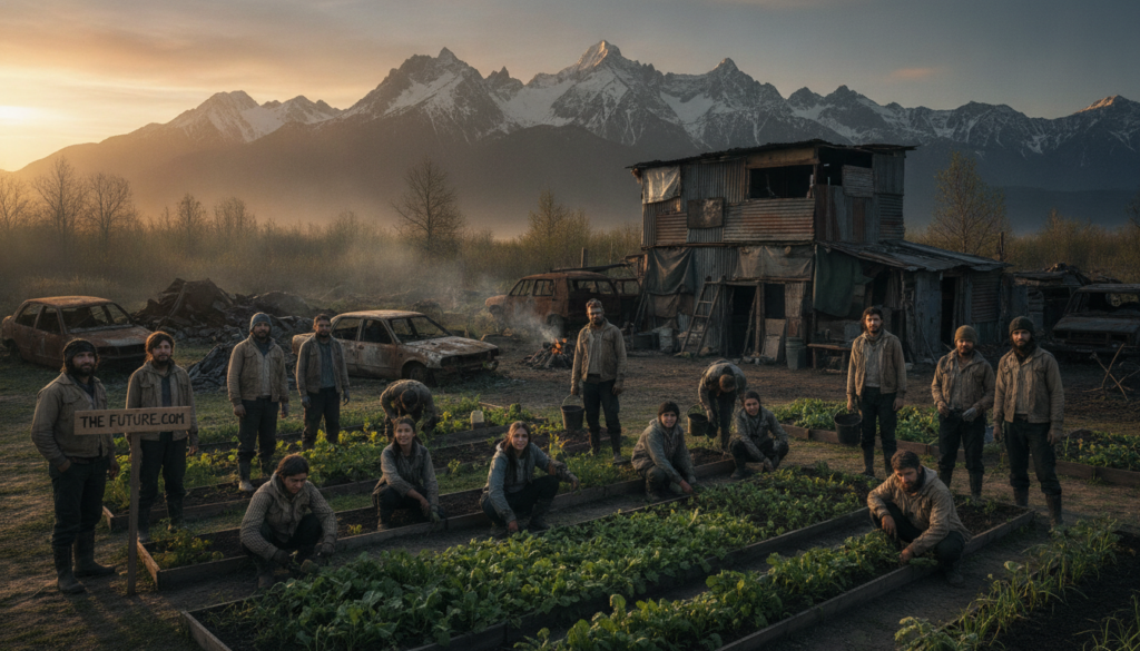 In a somber yet hopeful landscape, depict a group of civilians in modest casual clothing, gathering around a sustainable community garden in the foreground, showcasing their commitment to long-term survival after conflict. In the middle ground, illustrate a makeshift shelter, constructed from salvaged materials, surrounded by remnants of a recent struggle—abandoned vehicles and scattered debris. In the background, incorporate a distant mountain range under a soft dawn light, symbolizing resilience and new beginnings. The scene should evoke a sense of unity and determination, with warm, golden sunlight filtering through the trees, casting gentle shadows. Use a wide-angle perspective to capture the depth of the landscape and the emotional weight of the civilians’ efforts. Render this scene in a realistic art style that reflects both struggle and hope. The Future.com.
